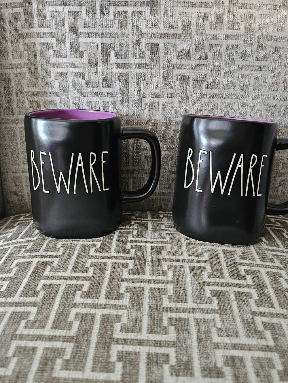 Rae Dunn BEWARE Halloween Mugs Set of 2 Glossy Black Purple Interior NWOT